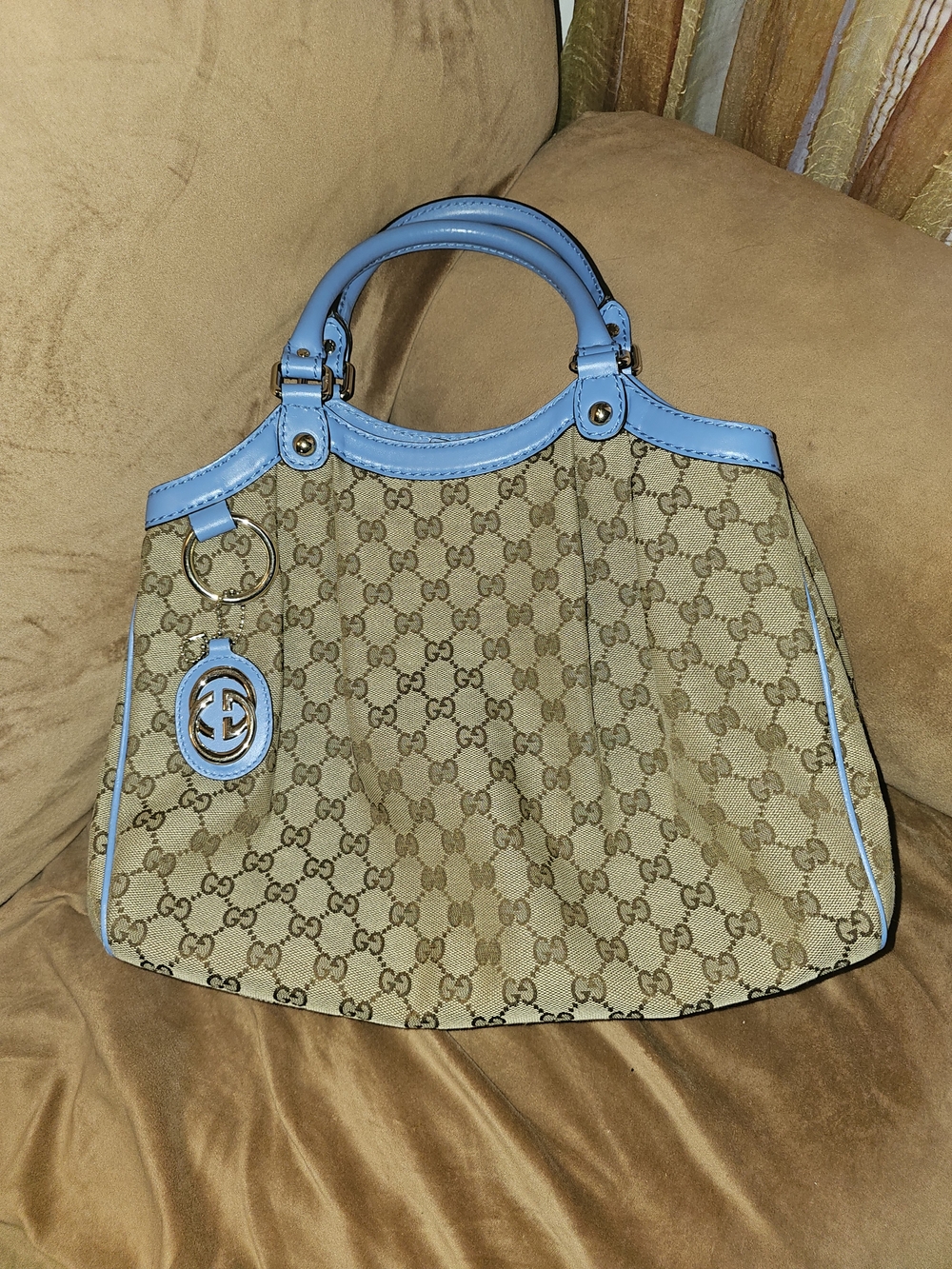 Gucci Beige GG Canvas Tote with Light Blue Trim
